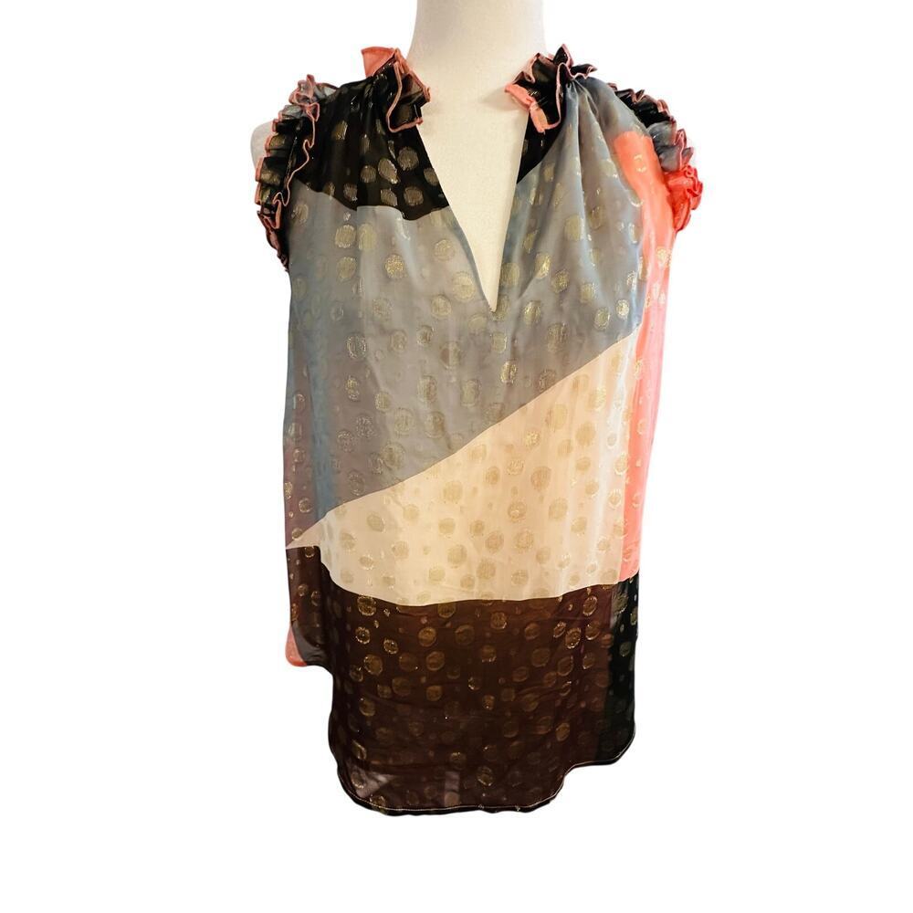 Maeve Fantasia Metallic Clip Dot Sleeveless Blouse Ruffle Neutral Night out Sz 2